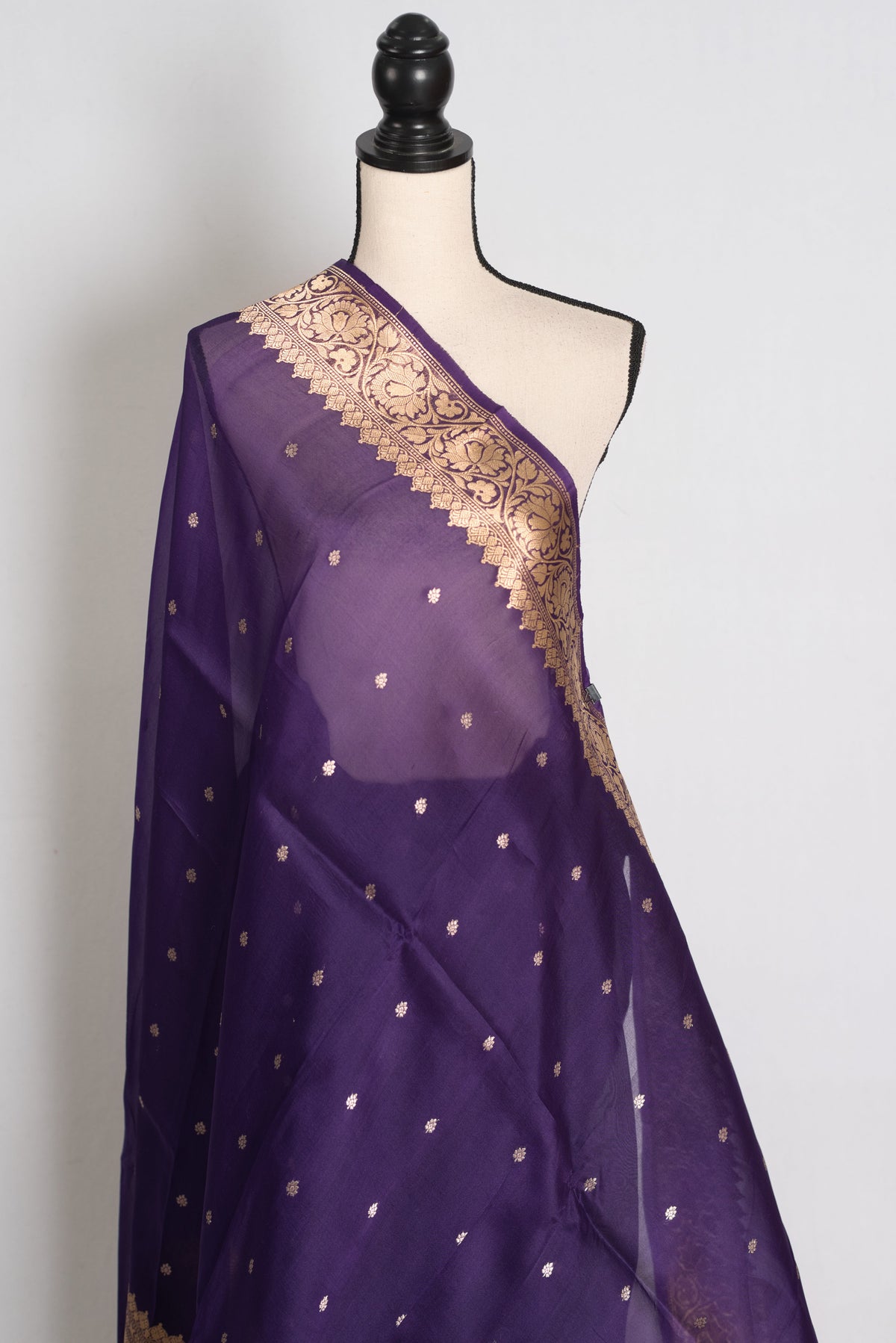 Aparna : Purple and Gold Pure Kora Organza Banarasi Silk Saree with Zari Booti