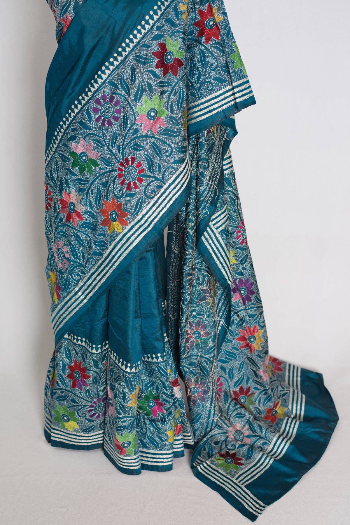 Dhriti : Teal Blue Hand Embroidered Kantha Stitch Pure Bangalore Silk Saree
