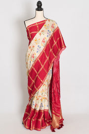 Mehuli | Cream & Rosy Red Modal Silk Saree | Gharchola & Bandhani Print