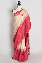 Mahi : Cream and Pink Bird Block Printed Tussar Silk Saree with 38 Size Blouse