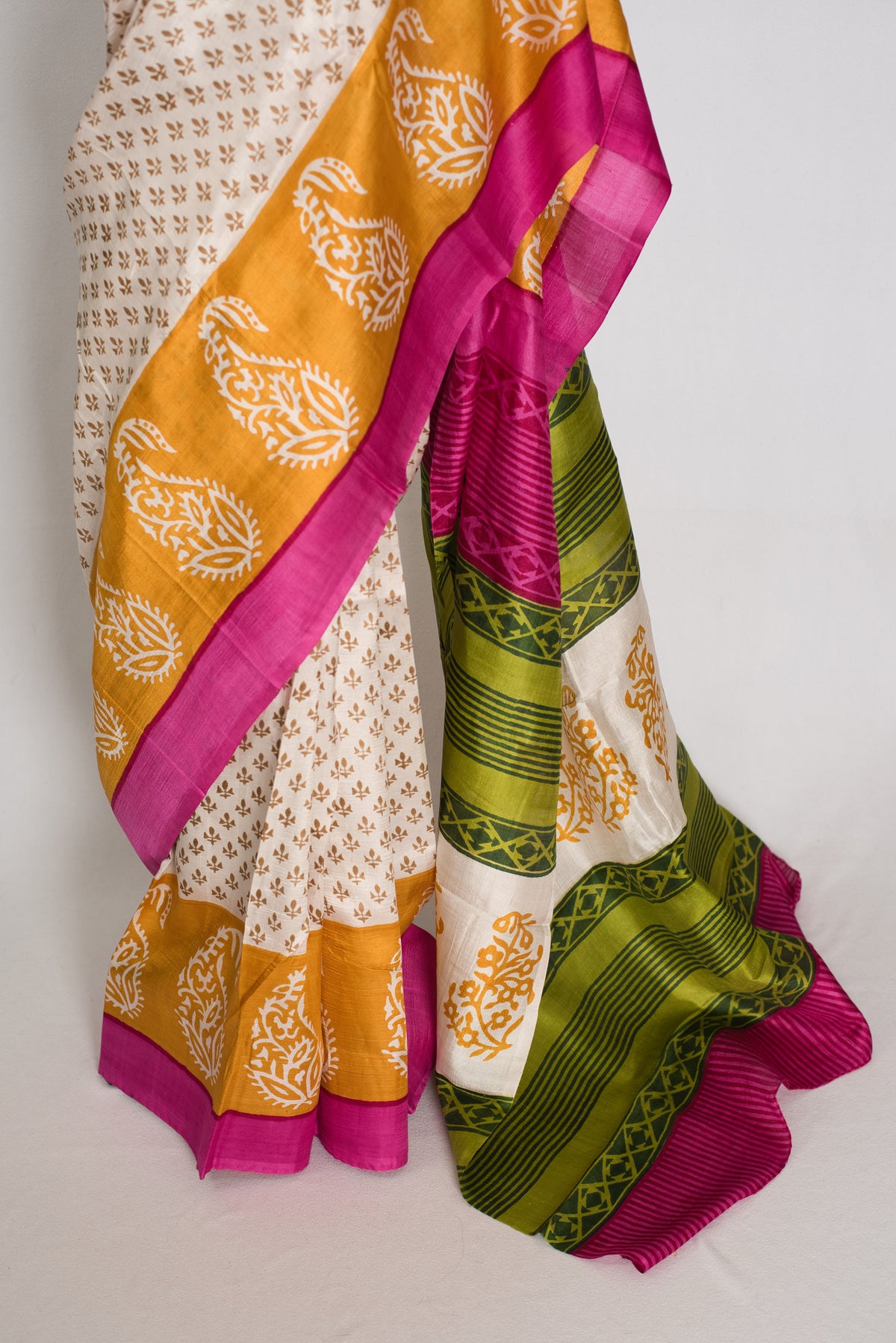 Basanti : Off-White, Pink and Yellow Hand Block Printed Murshidabad Silk Saree