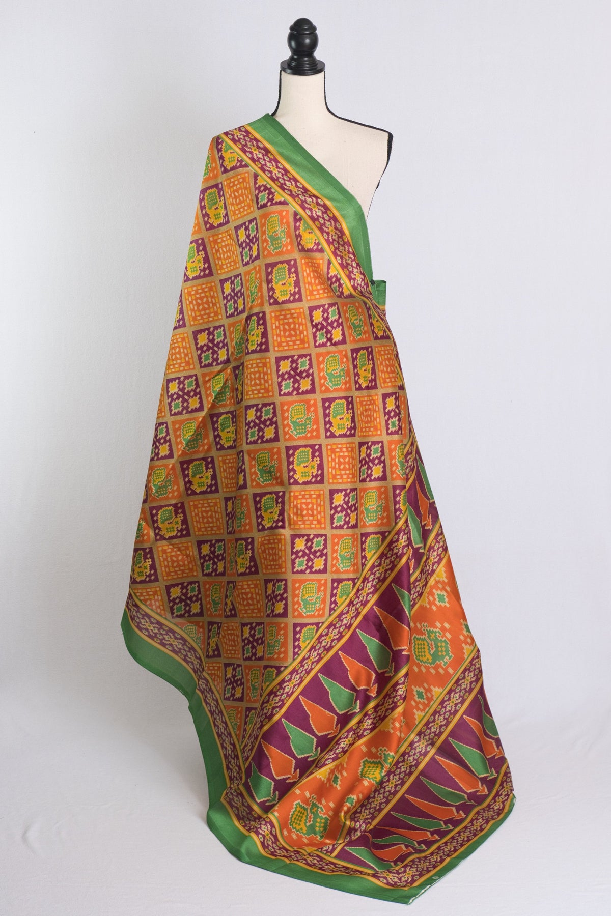 Art Silk Printed Patola Saree in Yellow and Green