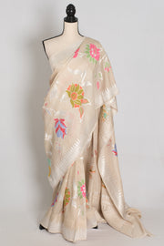 Naaz : Beige Tussar Georgette Banarasi Saree with 38 Size Stitched Blouse