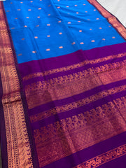 Ankhi: Bright Blue and Purple Blended Cotton Gadwal Saree