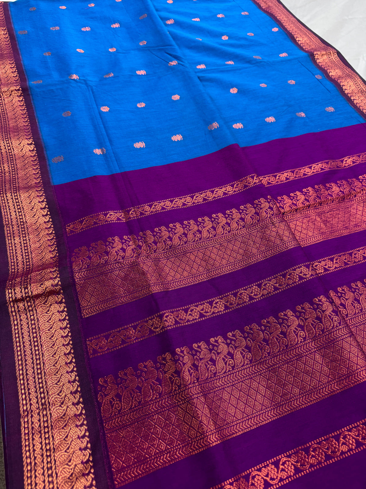 Ankhi: Bright Blue and Purple Blended Cotton Gadwal Saree
