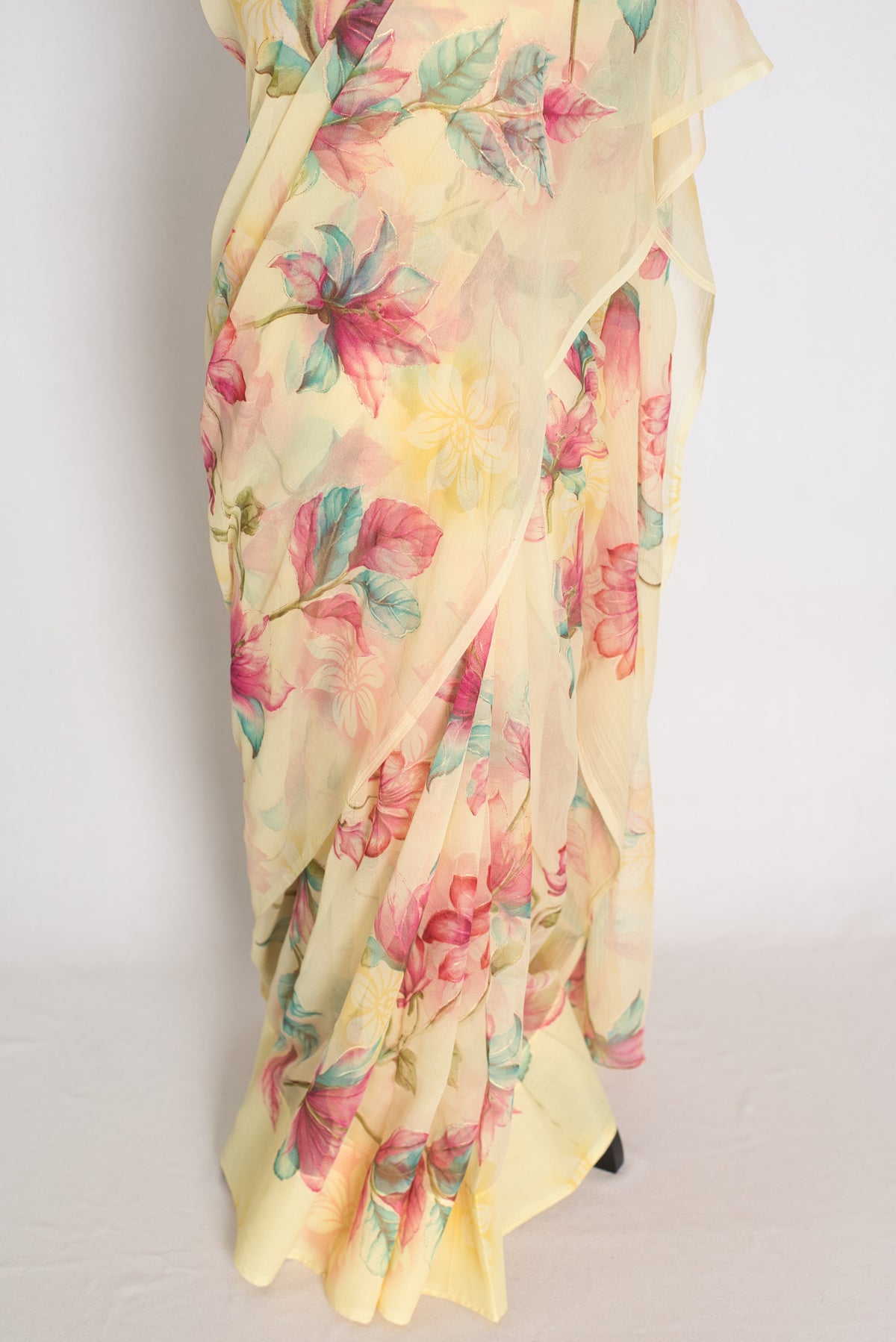 Sia : Light Yellow Floral Printed Chiffon Saree - Budget-Friendly Summer Drape