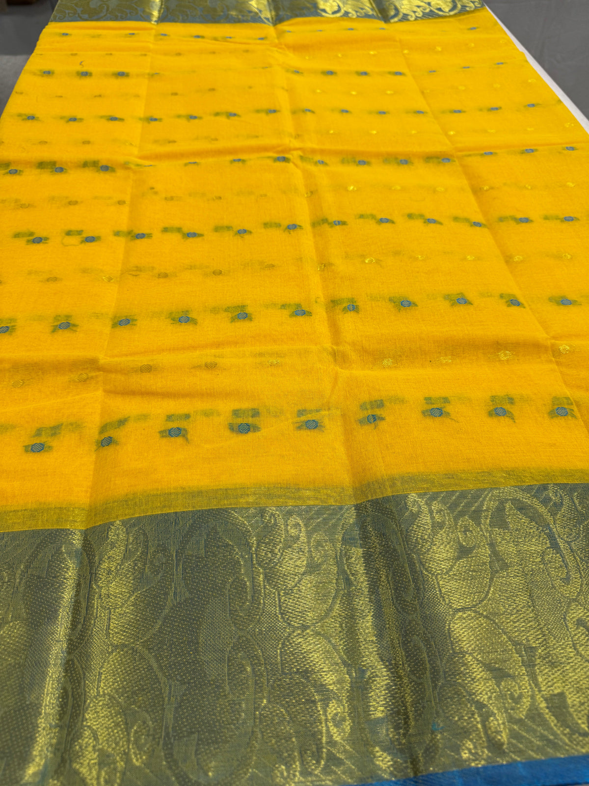 Mrittika : Yellow and Blue Bengal Handloom Pure Cotton Tant Saree