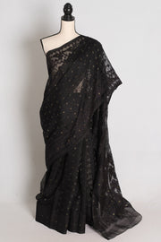 Koli : Midnight Black and Gold Soft Blended Cotton Bengali Jamdani Saree