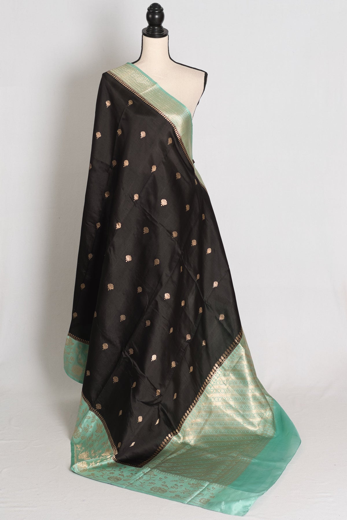 Jyothi : Jet Black & Pastel Sea Green Pure Satin Silk Banarasi Saree