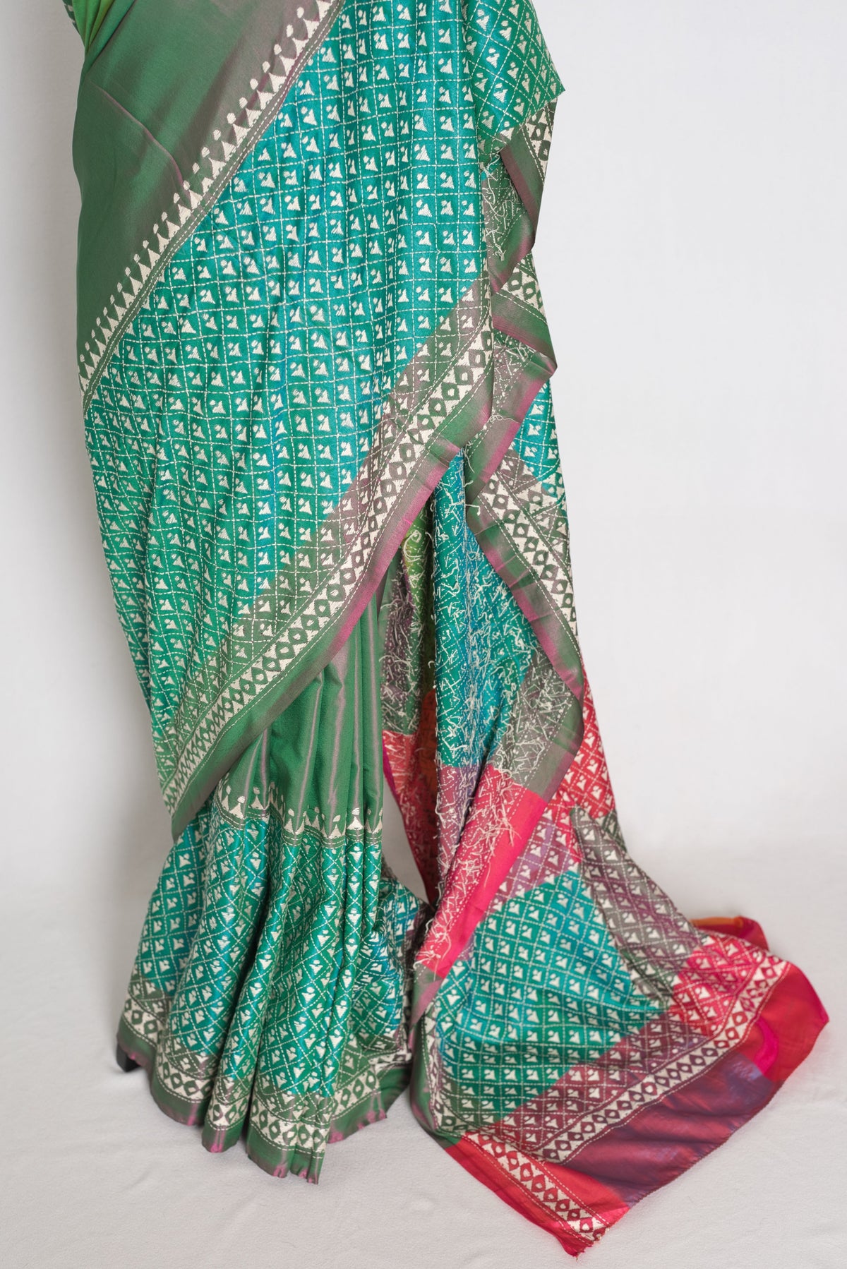 Damini : Green Semi Silk Kantha Embroidery Saree with 42 Size Stitched Blouse