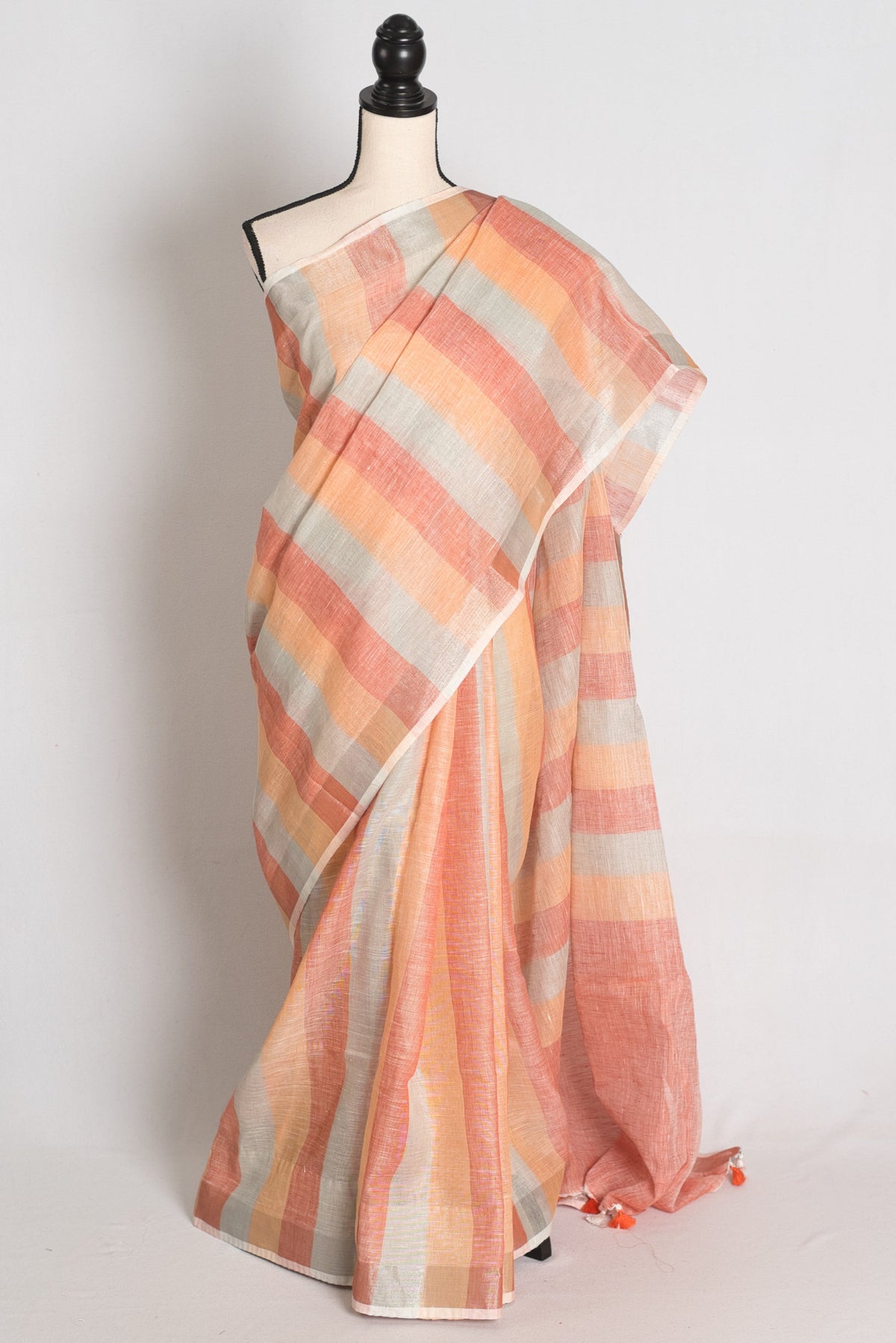 Priya : Pastel Orange and Powder Blue Lateral Striped Pure Linen Saree