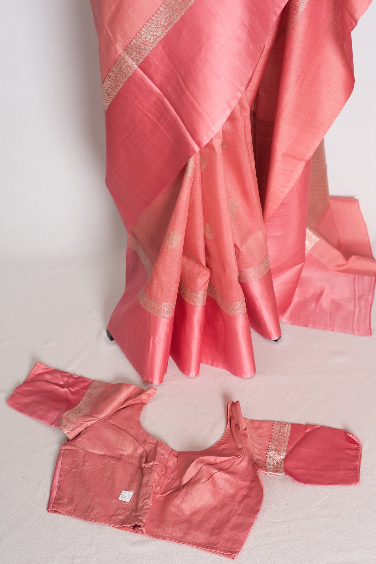 Anisha : Pastel Pink Tussar Silk Banarasi Saree with 36 Size Blouse