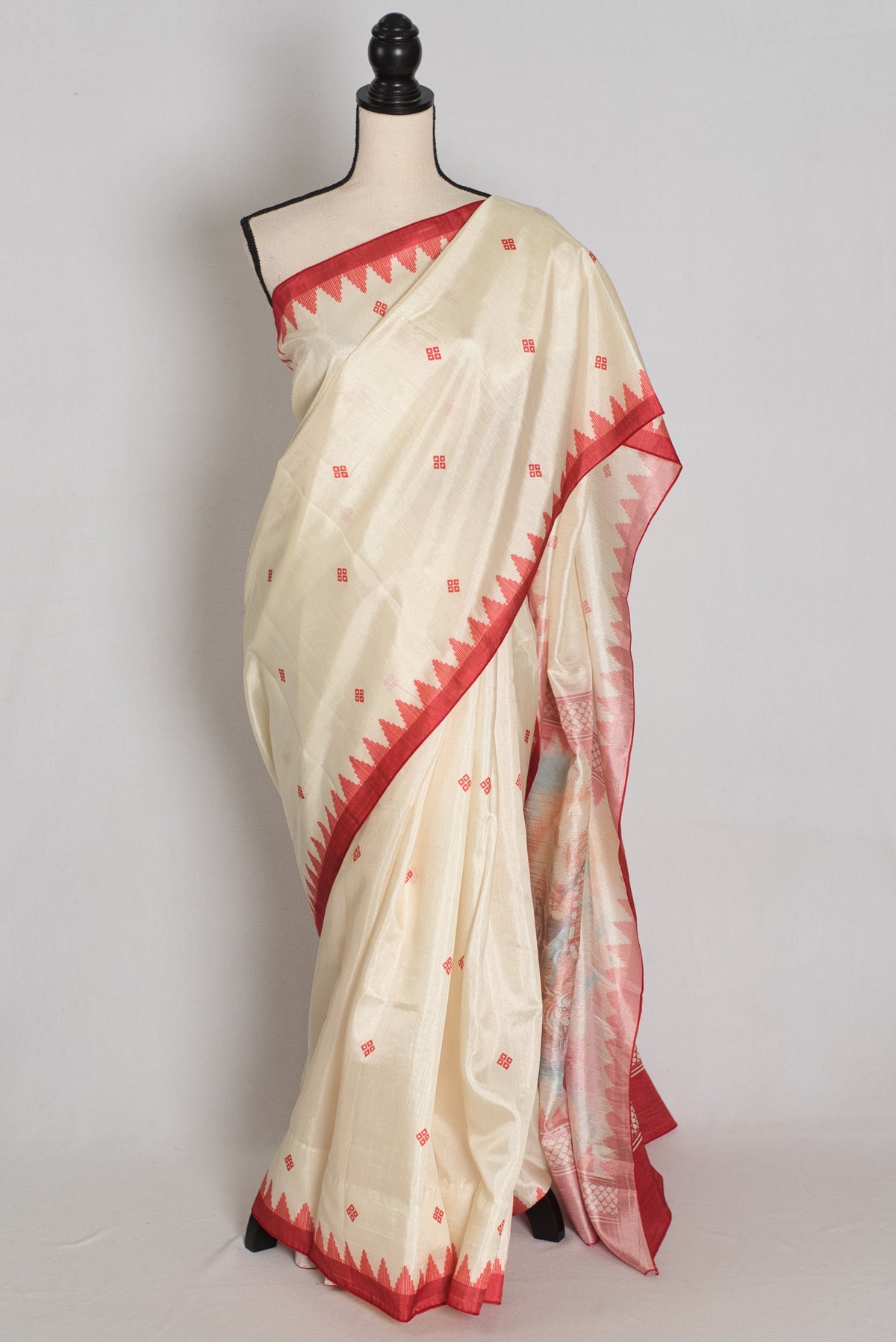 Gauri: Traditional Cream and Red Semi Silk Durga Puja Saree with Durga Pallu