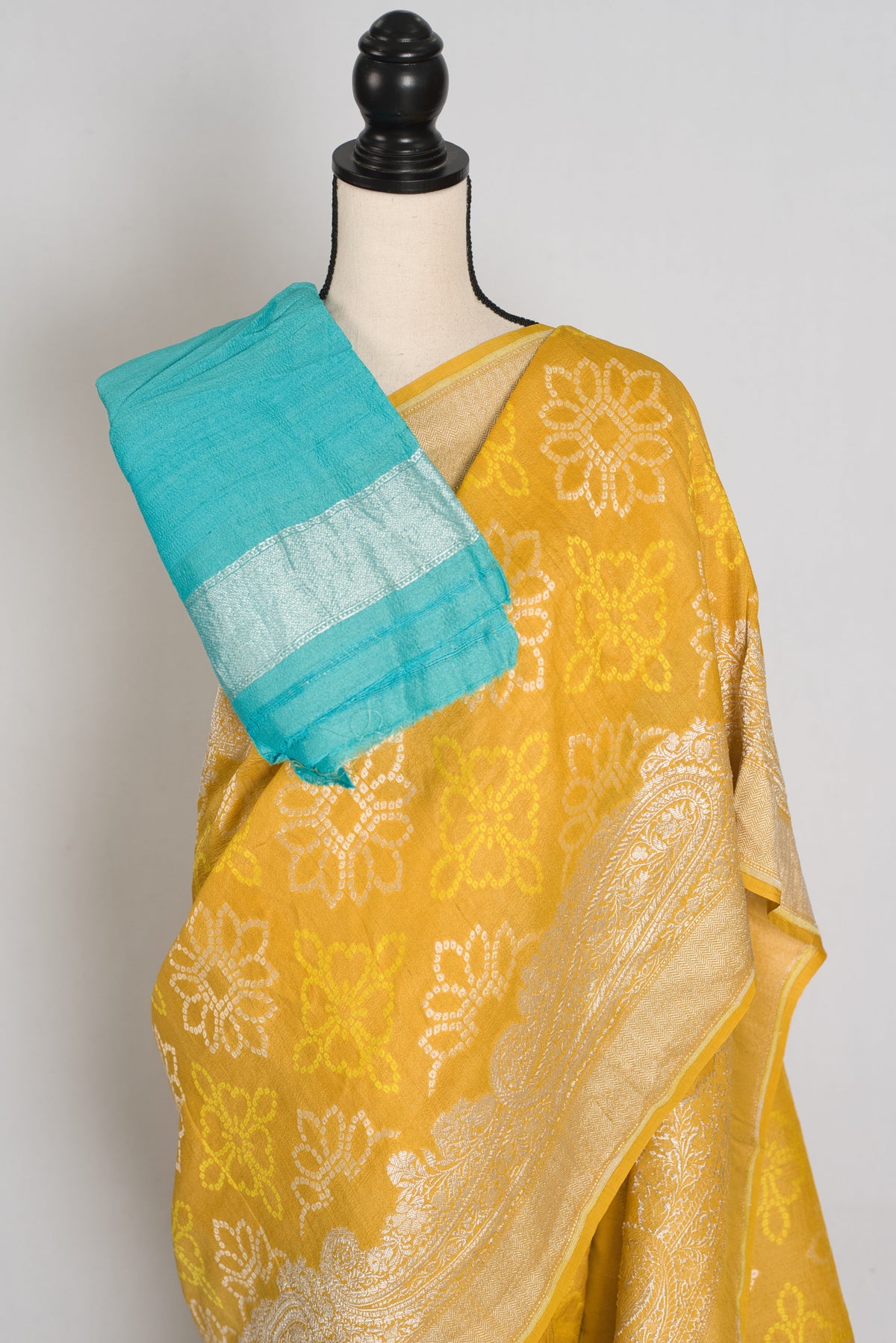 Gauri : Yellow Bandhani Tussar Georgette Banarasi Saree | Silk Mark Certified