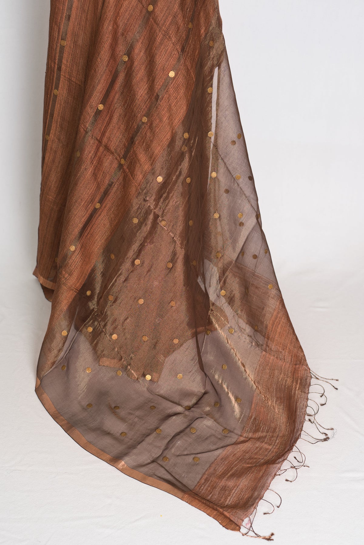 Bidisha Metallic Brown Pure Matka Tissue Bengali Handwoven Saree with Woven Gini