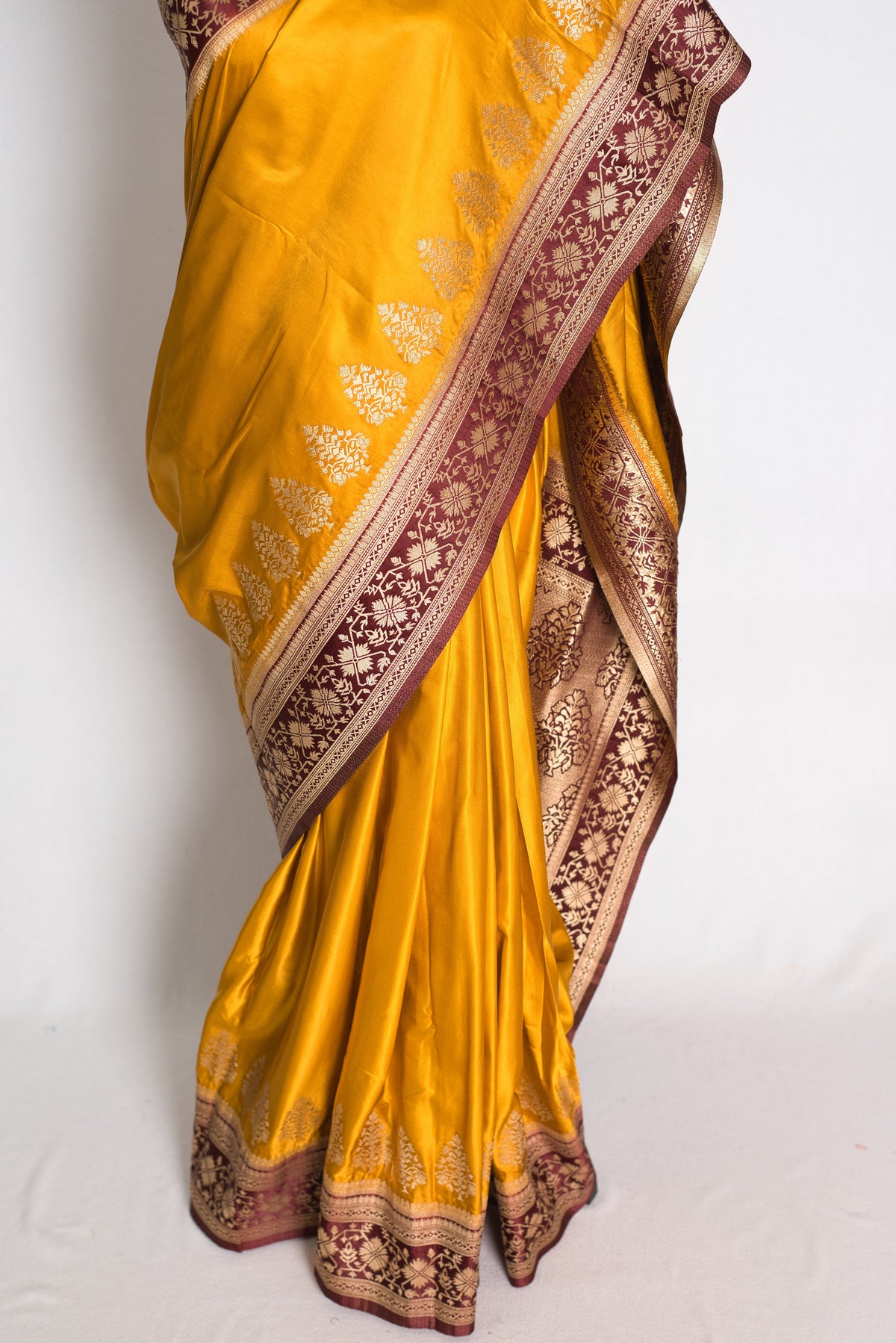 Damini: Mustard Yellow Semi Mashru Valkalam Banarasi Silk Saree