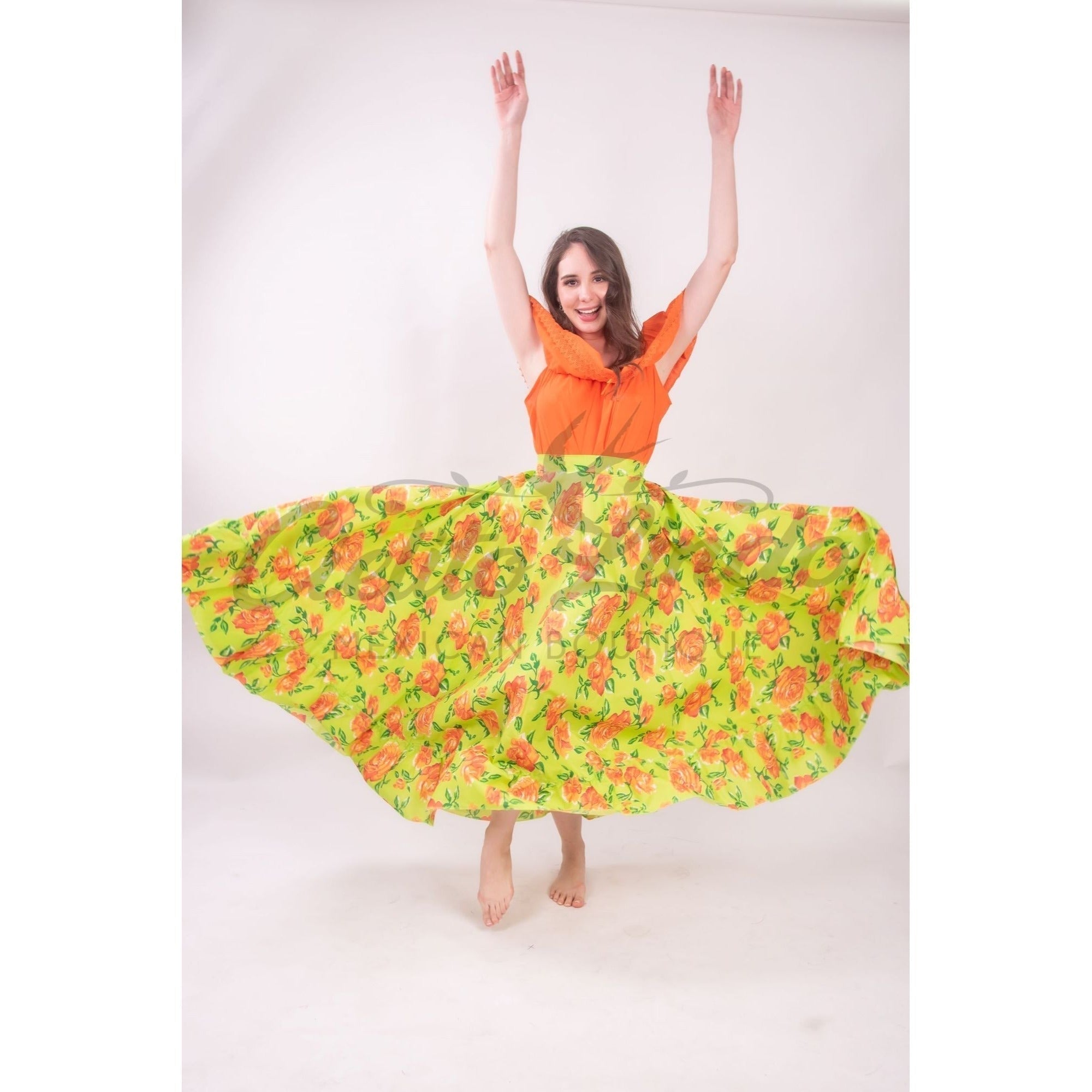 Mexican Folklorico Green Floral Skirt