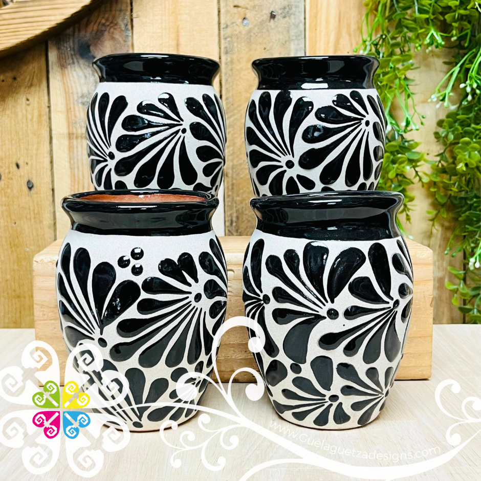 Set of White with Black Espiga Plumeado Cantarito Cup - Set Clay Cantarito