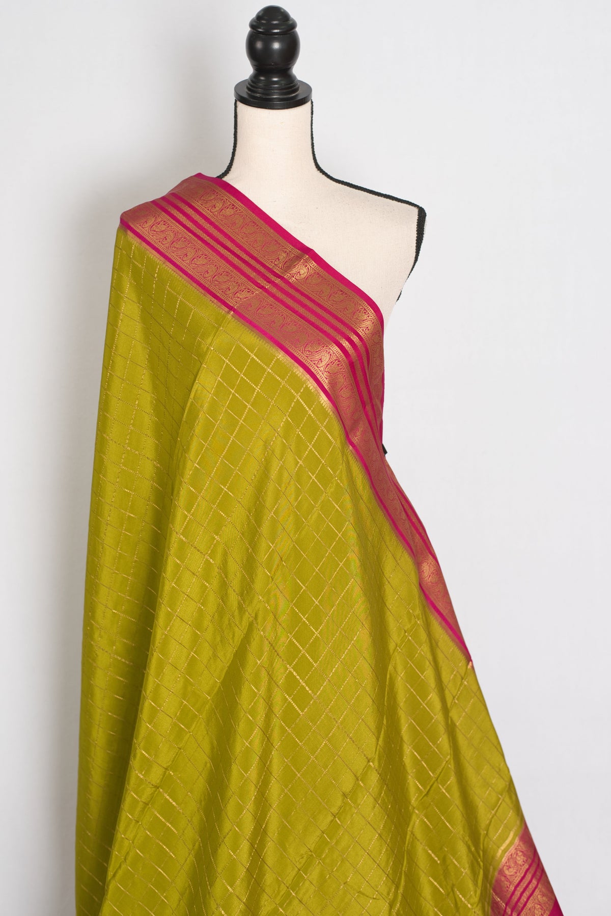 Maya – Moss Green and Dark Pink Checked Pure Mysore Silk Saree
