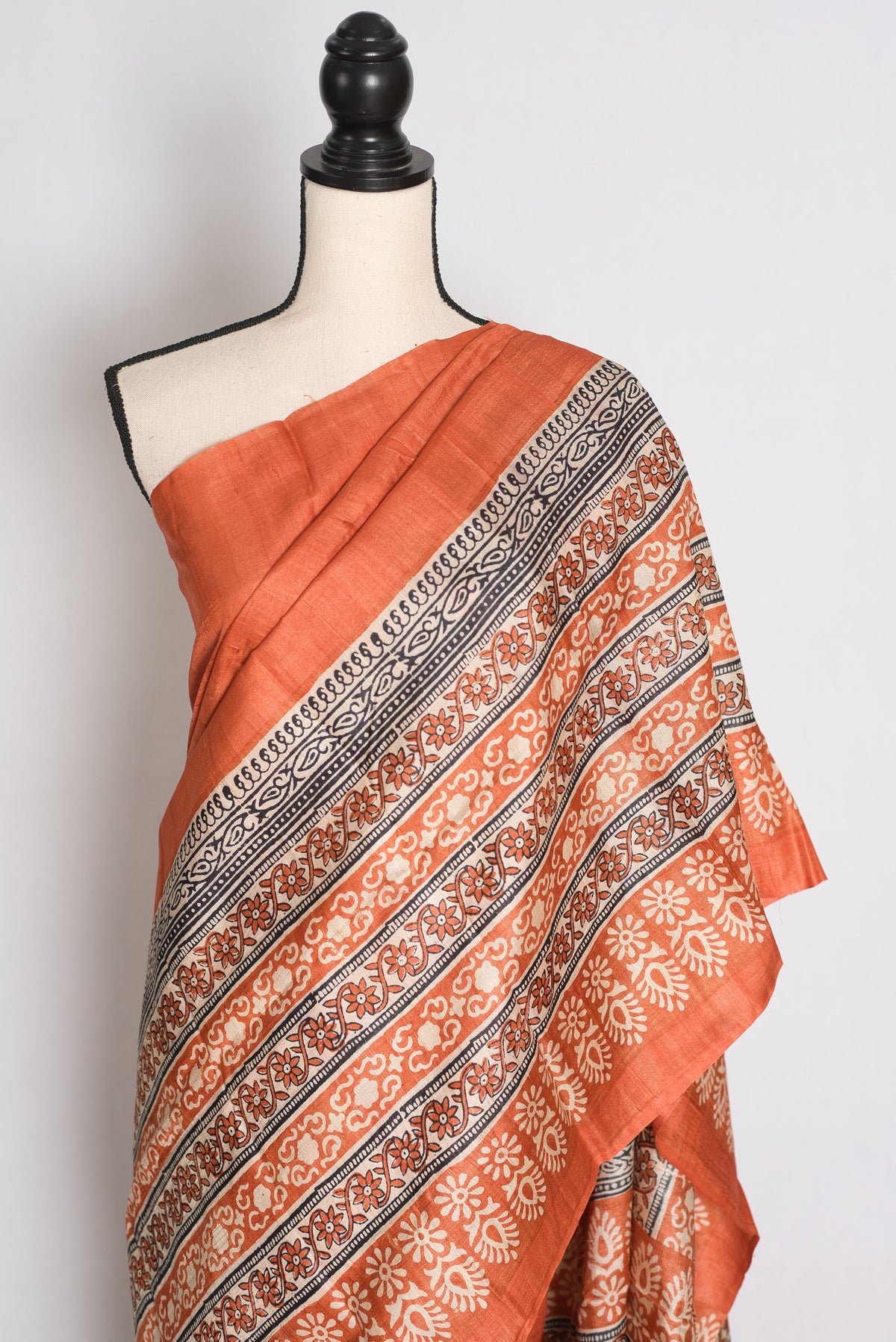 Indu : Orange Block Printed Pure Tussar Silk Saree with 38 Size Blouse