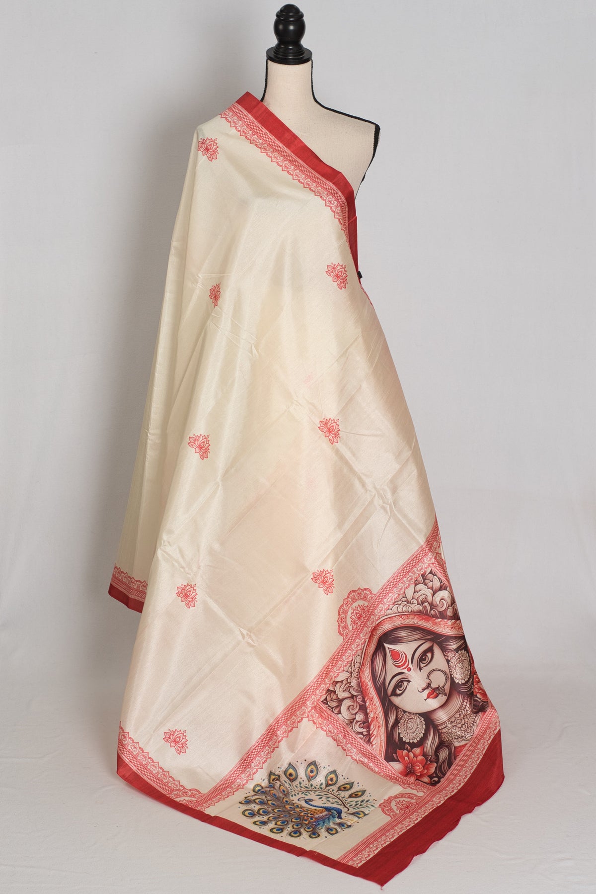Gayatri: Cream and Red Printed Semi Silk Durga Puja Saree with Durga Pallu