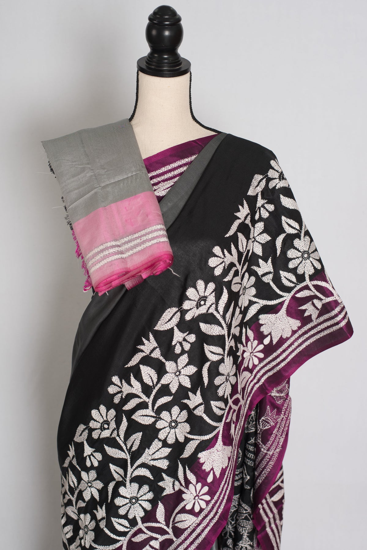 Neha : Black and Gray Hand Embroidered Kantha Stitch Semi Silk Saree