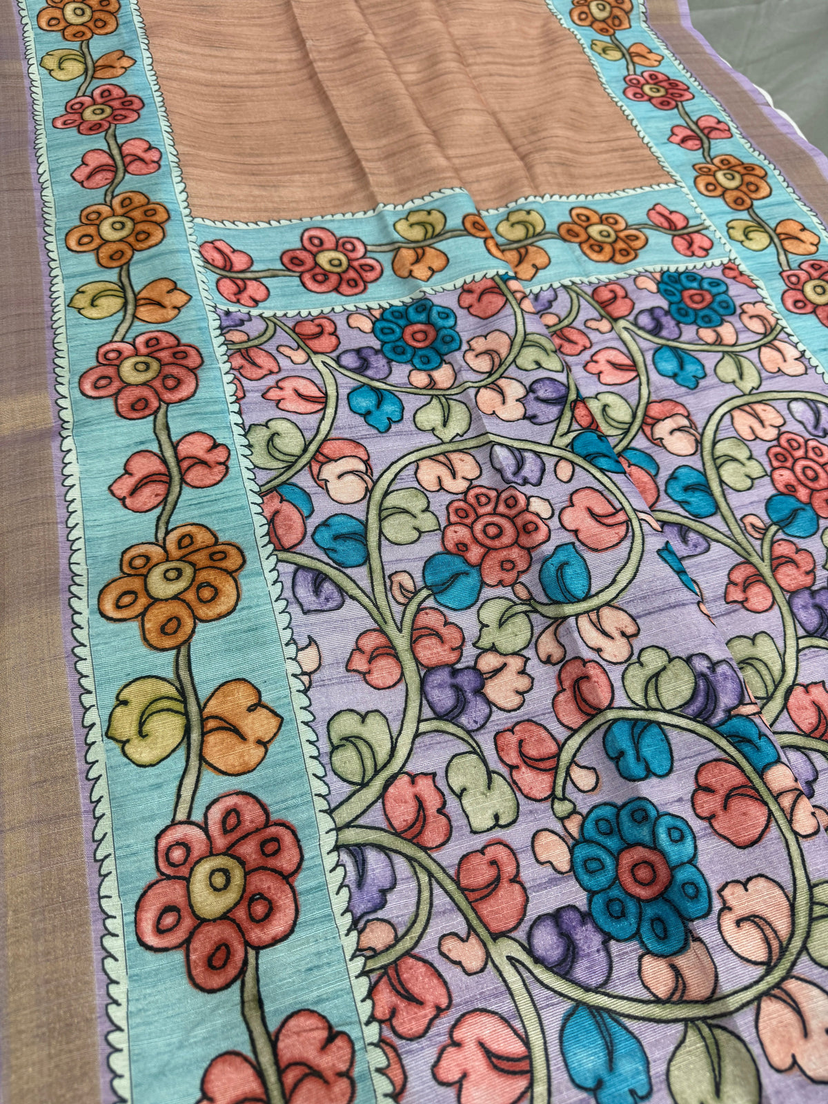 Brinda: Rustic Brown & Cerulean Blue Semi Tussar Saree | Floral Kalamkari Print