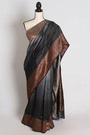 Nadia :Grey & Black Ombre Raw Silk Valkalam Banarasi Saree | Silk Mark Certified