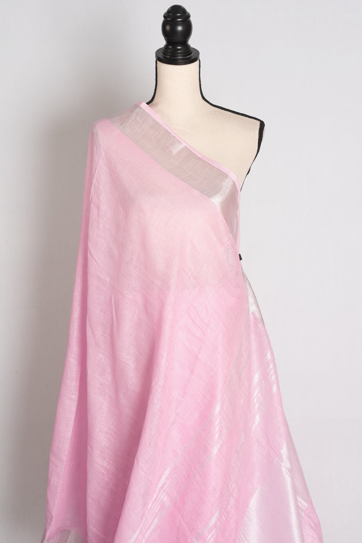 Girija : Baby Pink Pure Linen Saree with Silver Zari Border