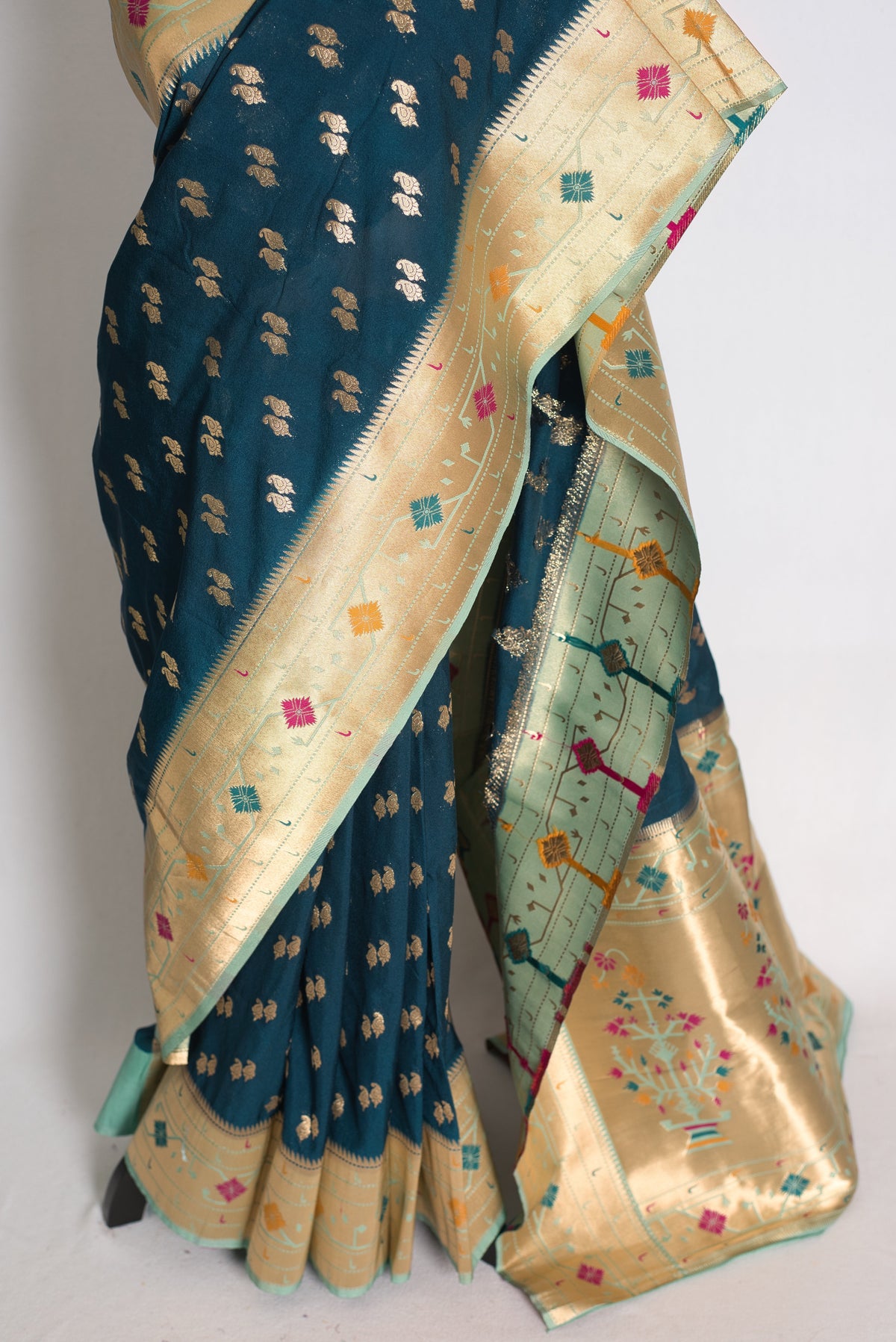 Sangiya: Blue Paithani Semi Silk Saree with Light Blue Border