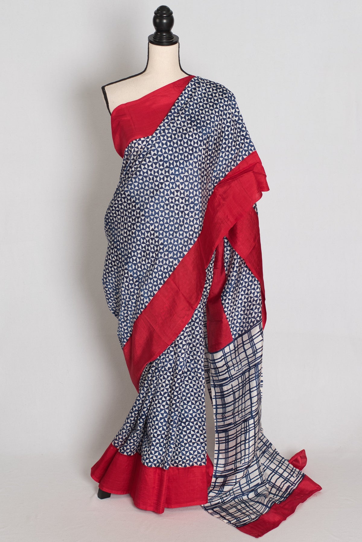 Arundhuti : Blue and Red Contemporary Hand Block Printed Murshidabad Silk Saree