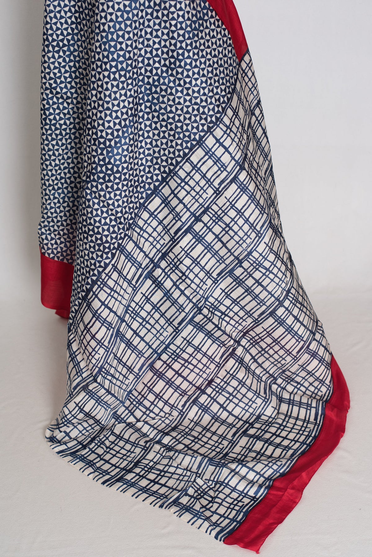 Arundhuti : Blue and Red Contemporary Hand Block Printed Murshidabad Silk Saree