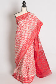 Ila : White and Red Blended Soft Cotton Bengali Jamdani Saree
