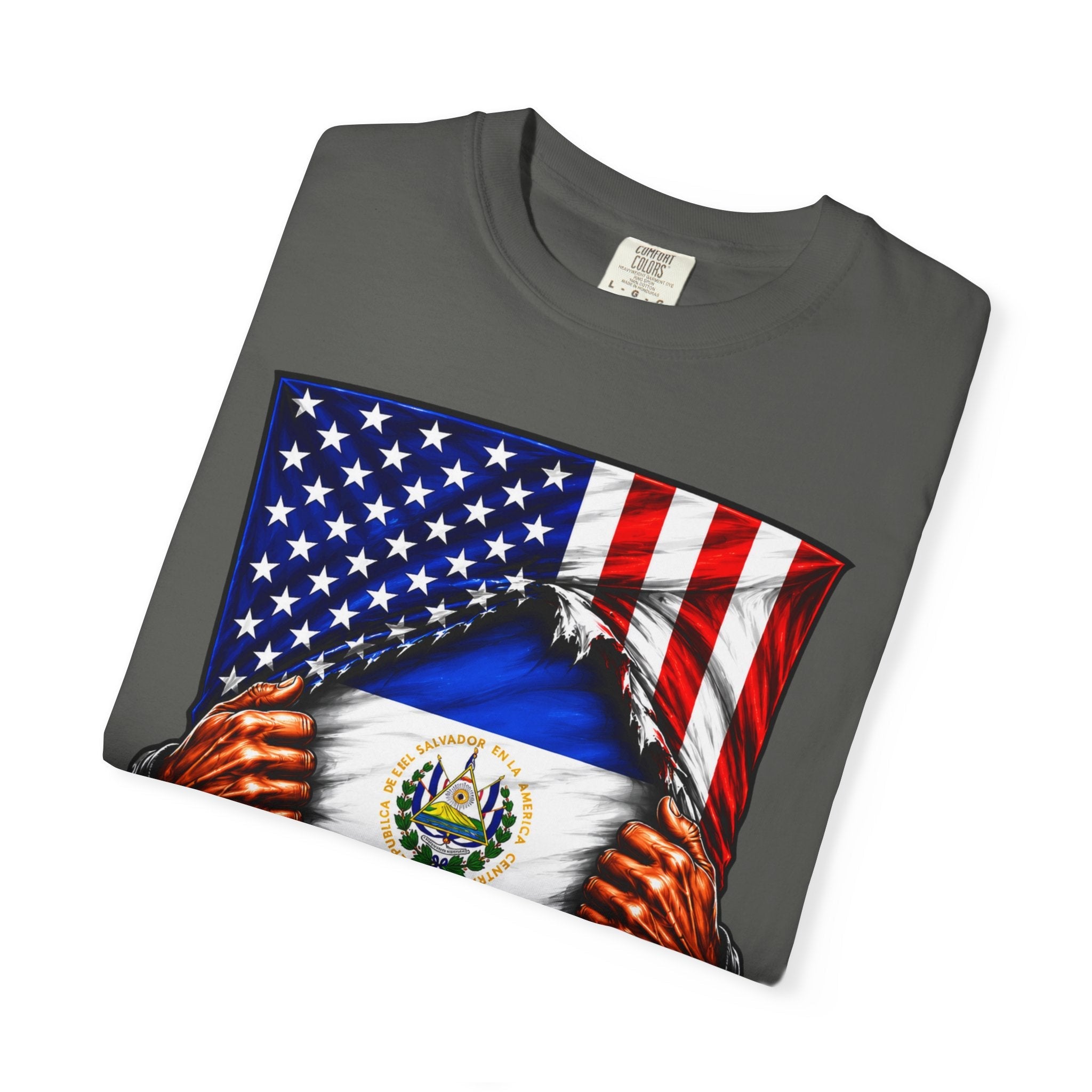 El Salvador Flag + USA Flag Pride T-shirt | Salvadorian + American Flag Rip 4th Of July | Funny Viral Latino Tees | Unisex - 4 Colors