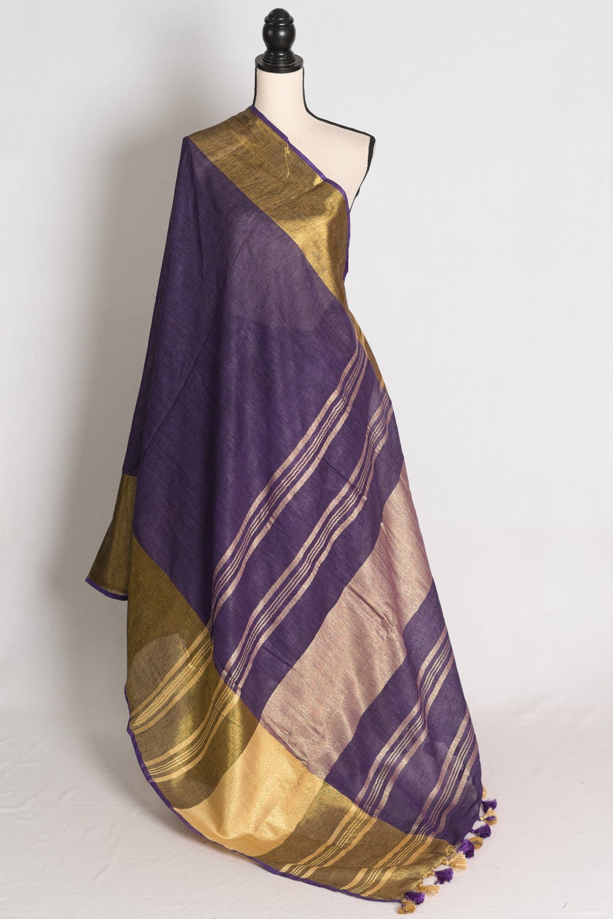 Sreya : Royal Purple Pure Linen Saree with Wide Antique Gold Zari Border