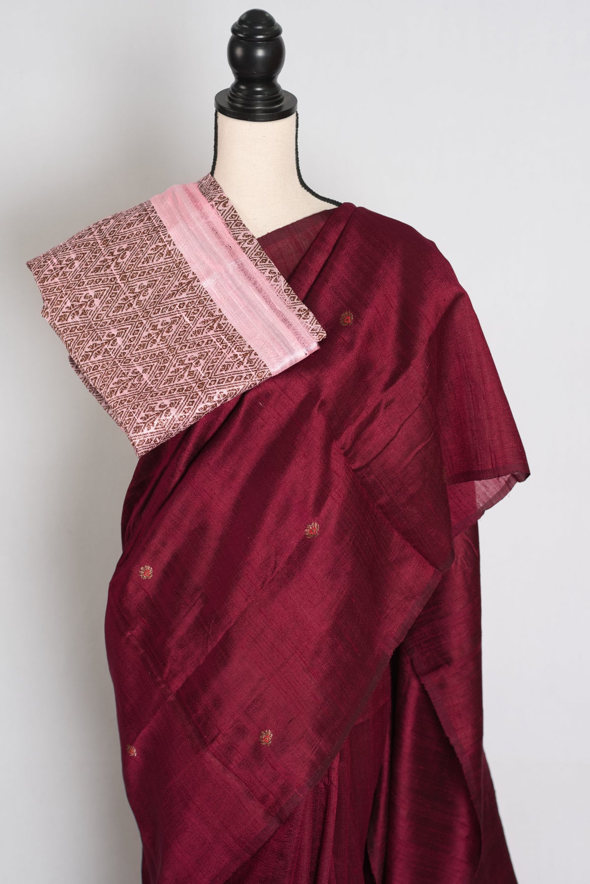 Shital : Maroon Borderless Pure Raw Silk Banarasi Saree | Antique Gold