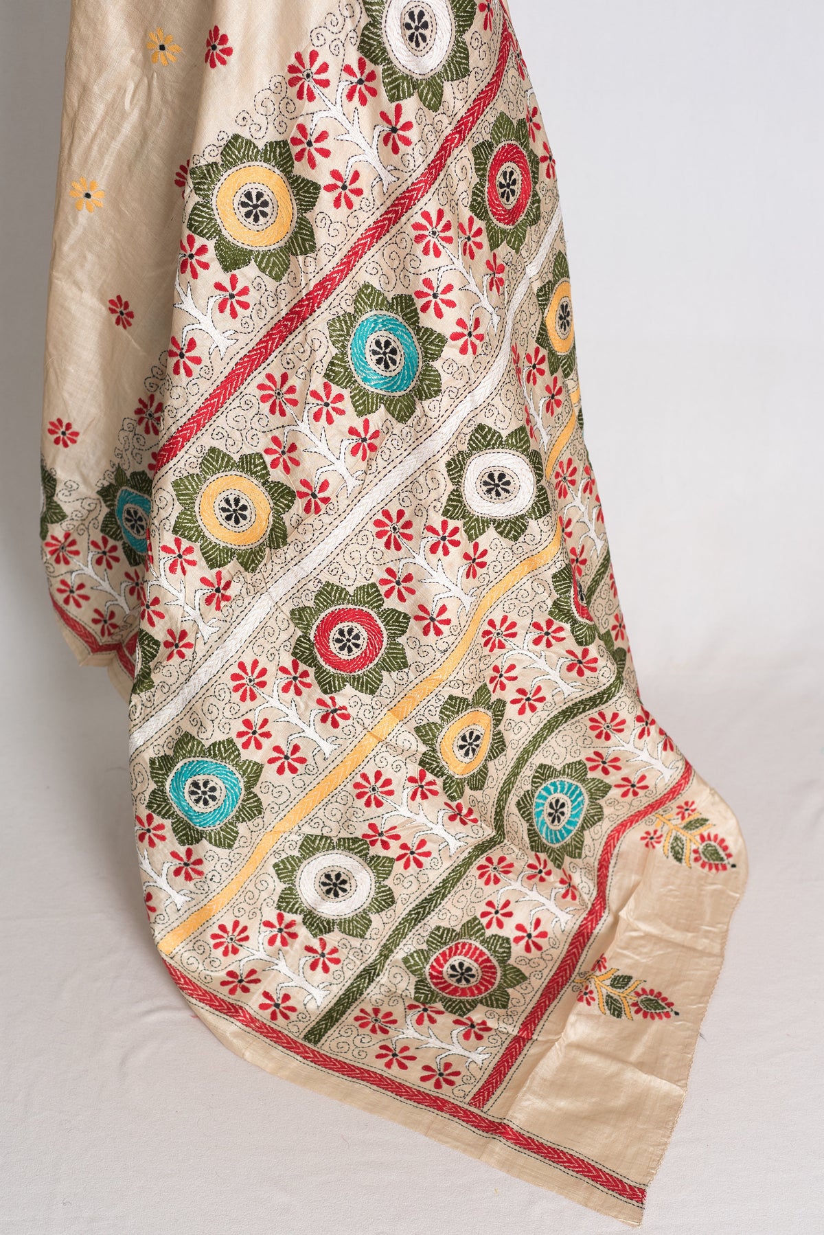Koli: Beige Hand-Embroidered Kantha Stitch Gachi Tussar Silk Saree