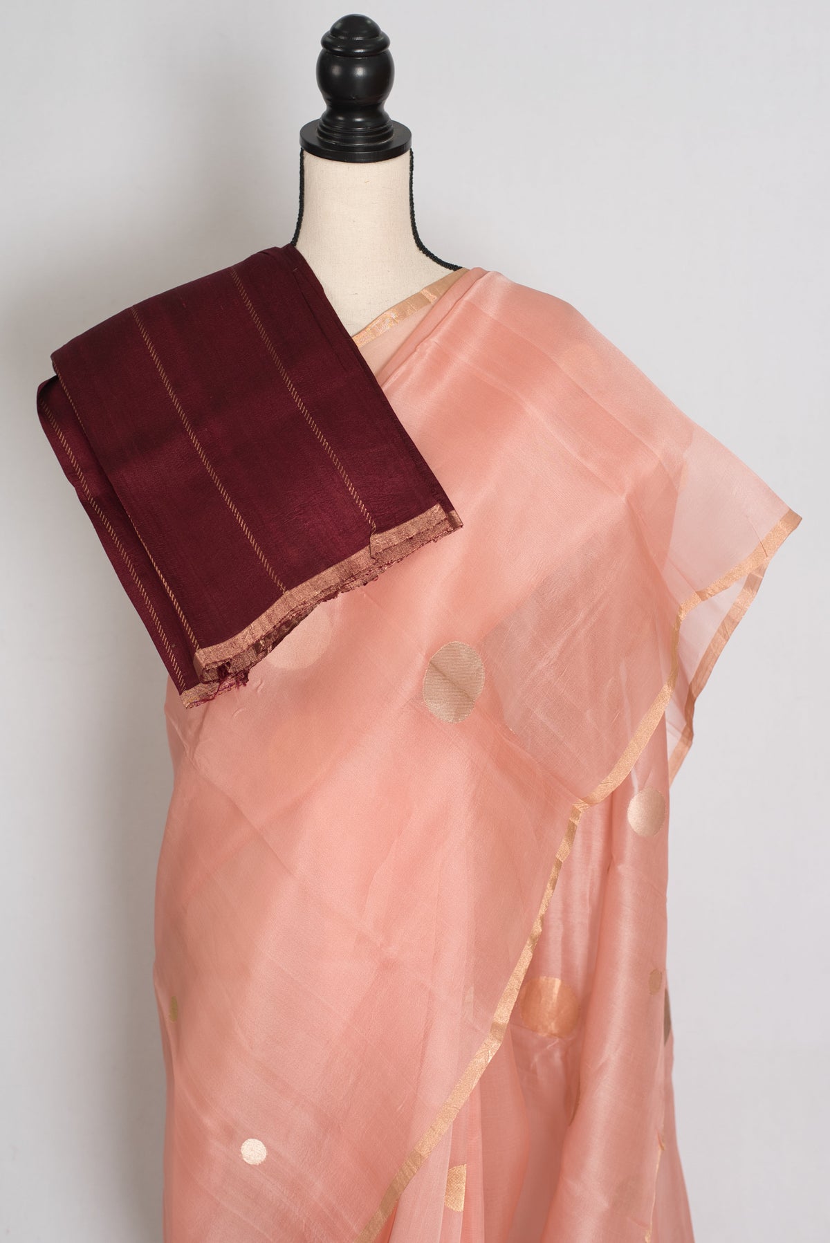Medha : Peachy Pink Polka Dot Handwoven Kora Banarasi Silk Saree | Silk Mark