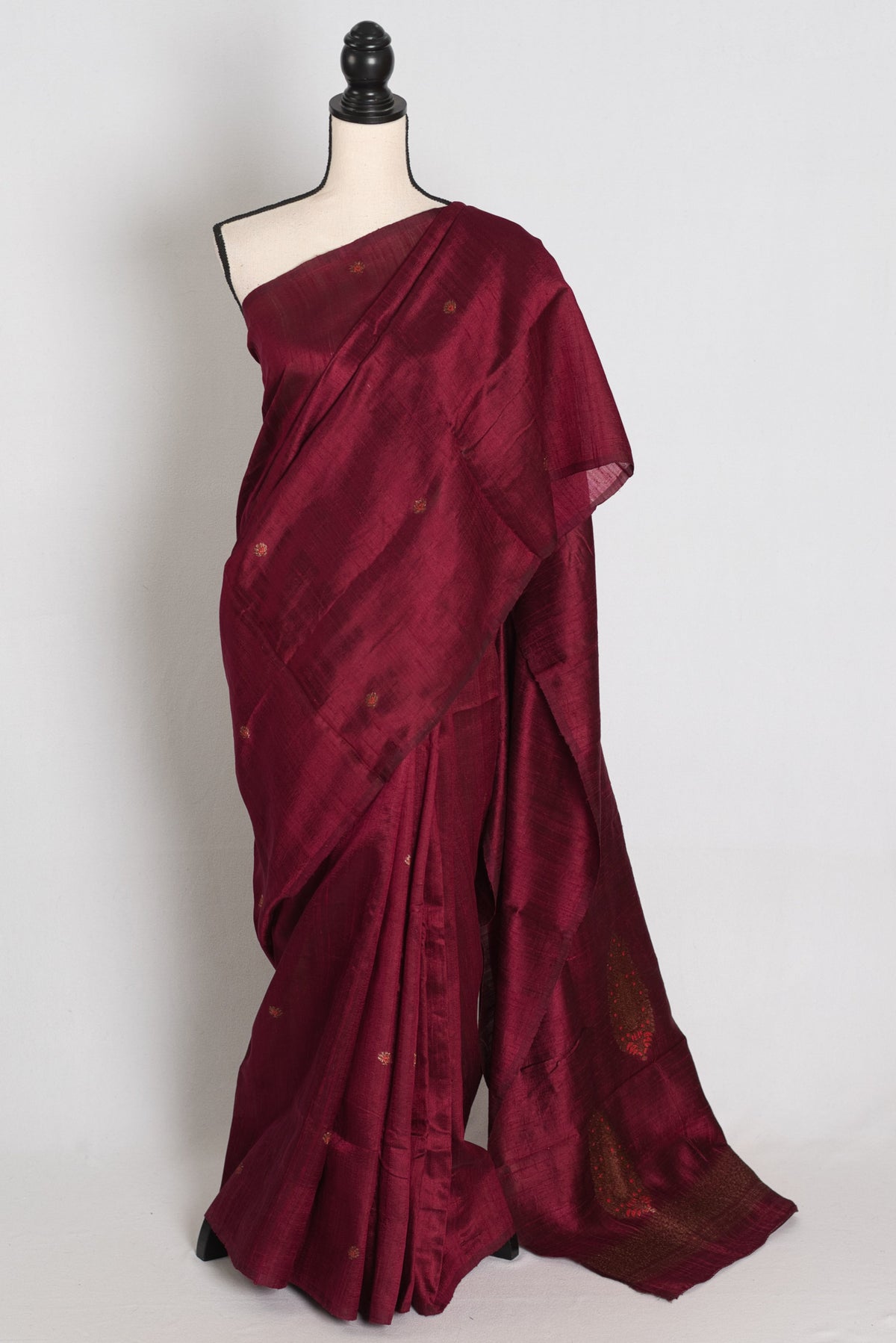 Shital : Maroon Borderless Pure Raw Silk Banarasi Saree | Antique Gold