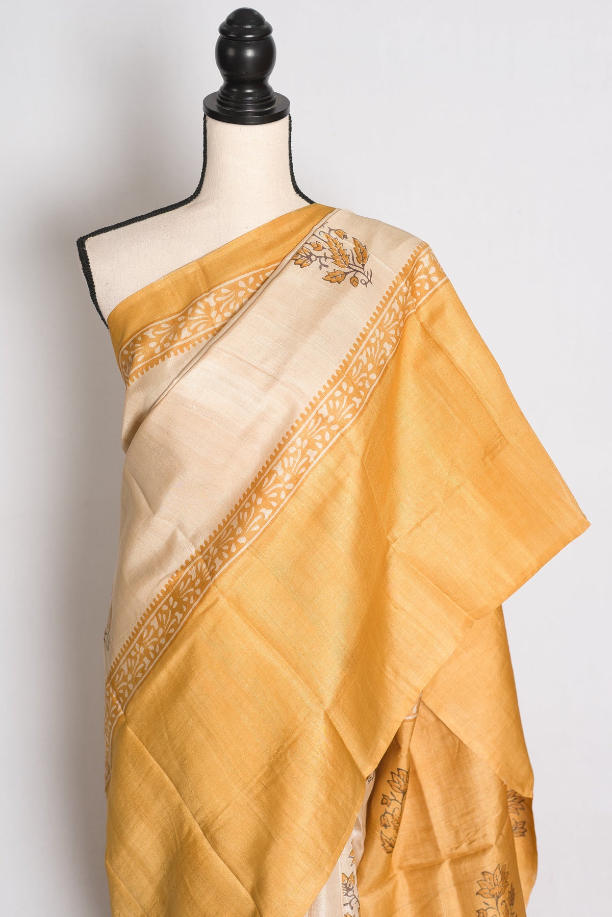 Trisha : Cream and Mustard Yellow Hand Block Printed Pure Tussar Silk Saree