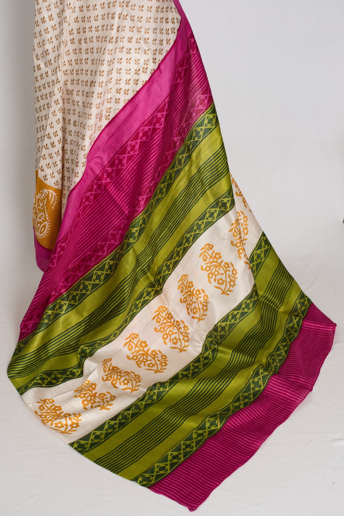 Basanti : Off-White, Pink and Yellow Hand Block Printed Murshidabad Silk Saree