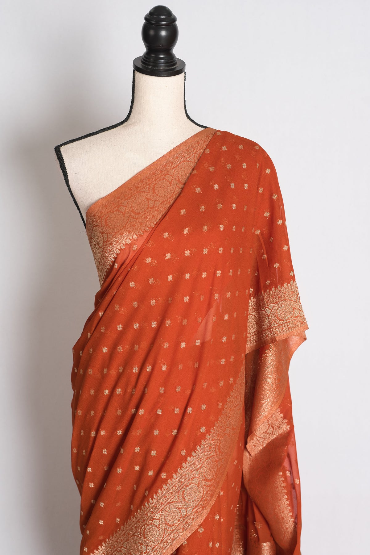 Mahi: Rust Brown Lightweight Semi Georgette Banarasi Saree with 38 Size Blouse