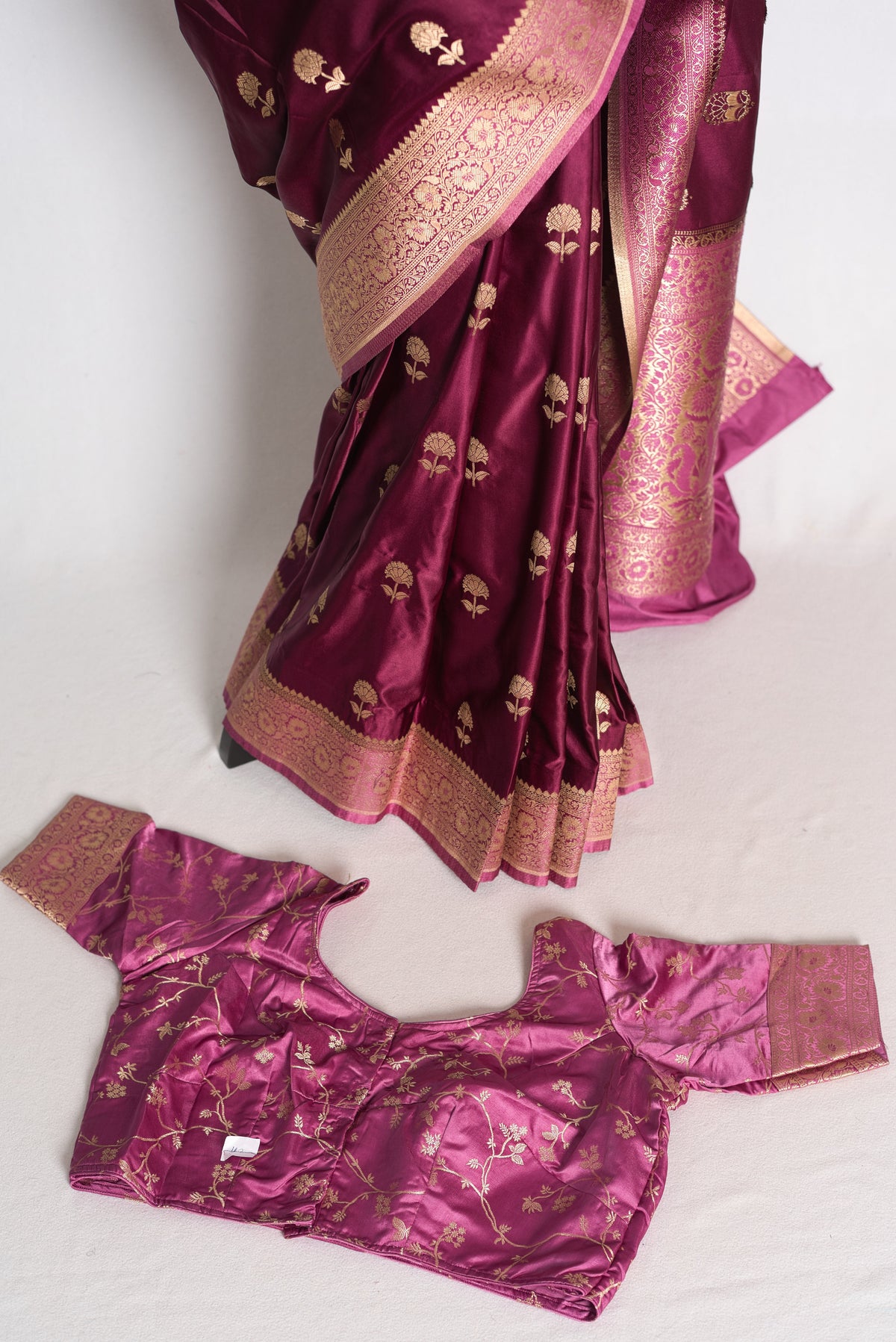 Ritaja : Deep Wine and Pink Semi Mashru Banarasi Silk Saree with 42 Size Blouse