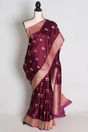 Ritaja : Deep Wine and Pink Semi Mashru Banarasi Silk Saree with 42 Size Blouse