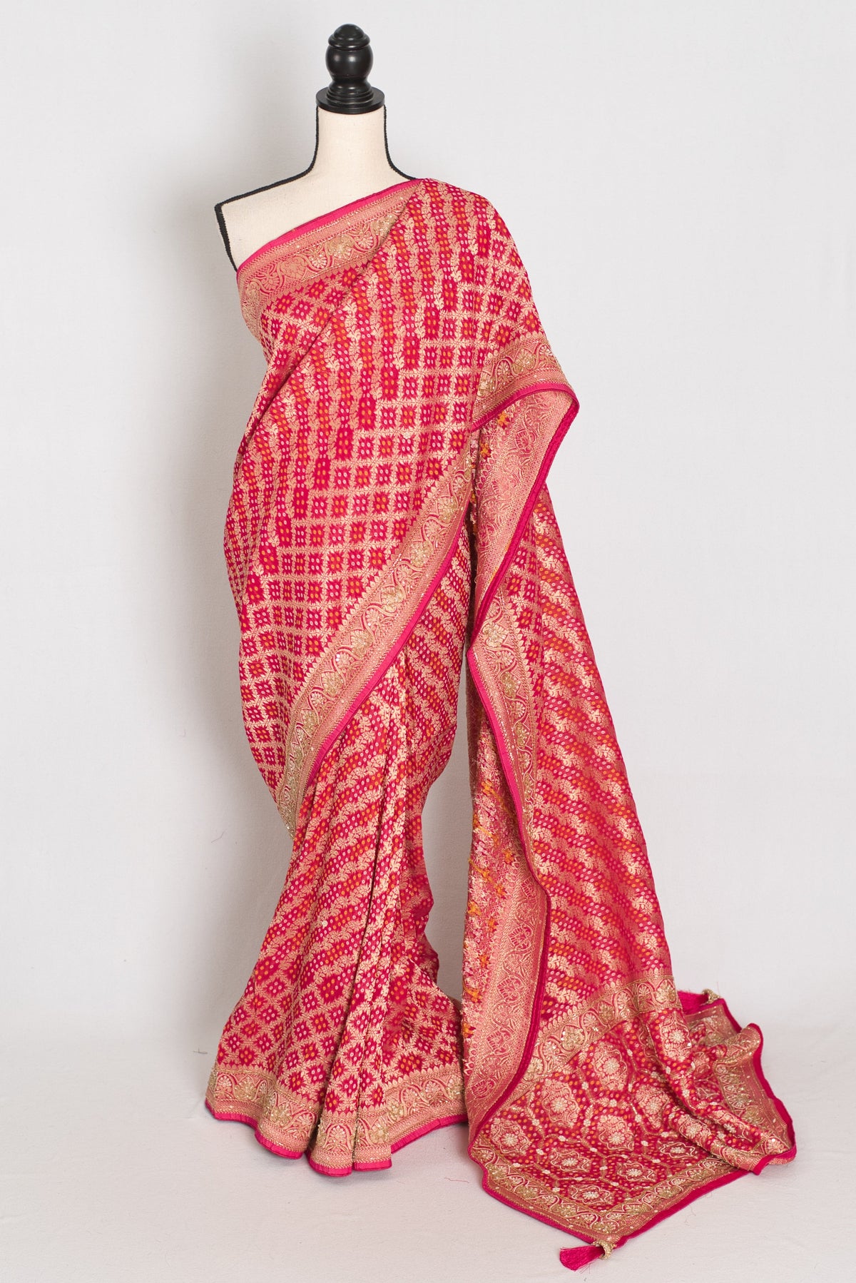 Afrin | Rani Pink Semi Georgette Saree | Pre-Stitched Size 38 Blouse