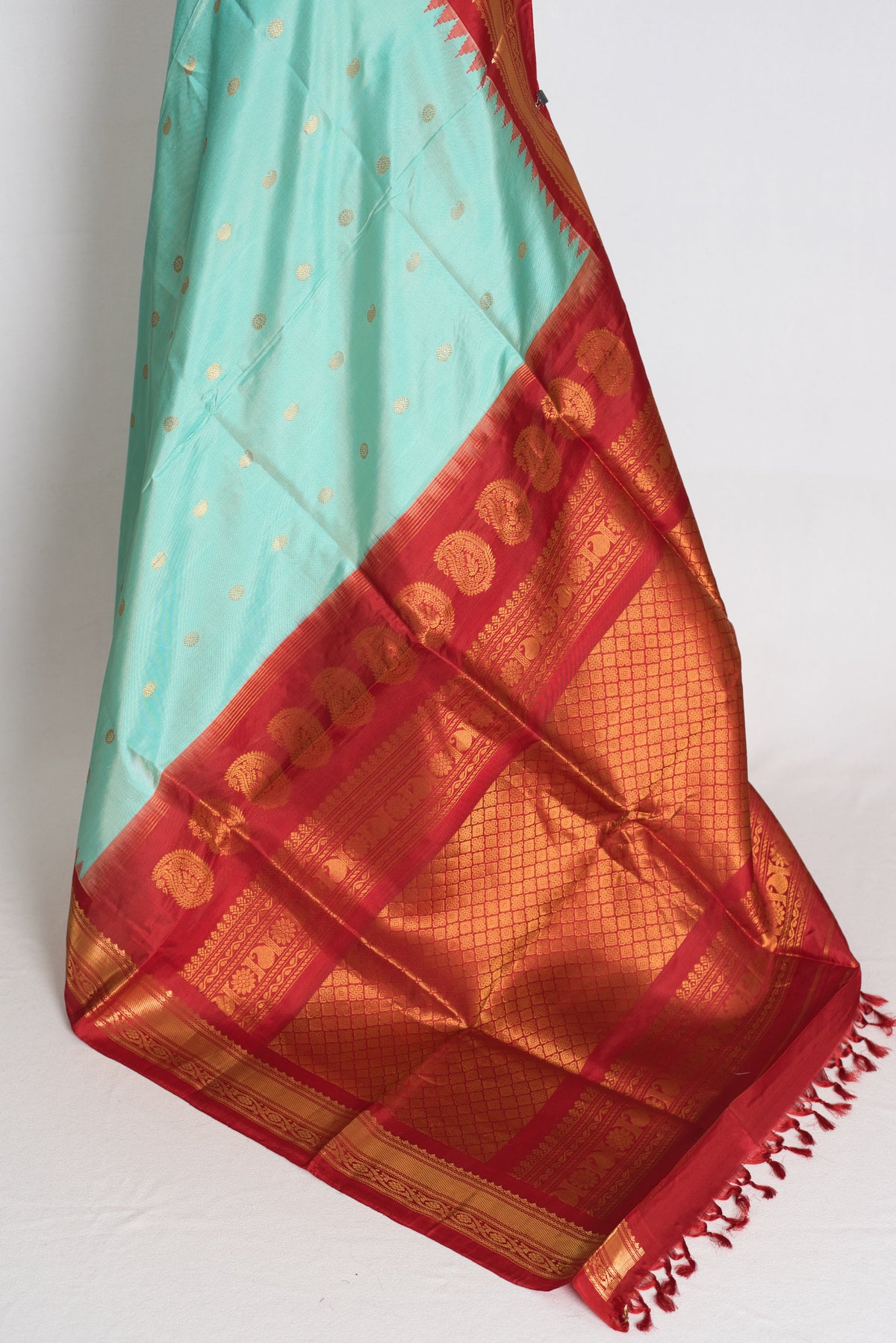 Shreya : Sea Blue & Red Handwoven Pure Gadwal Silk Saree with Stitched Blouse