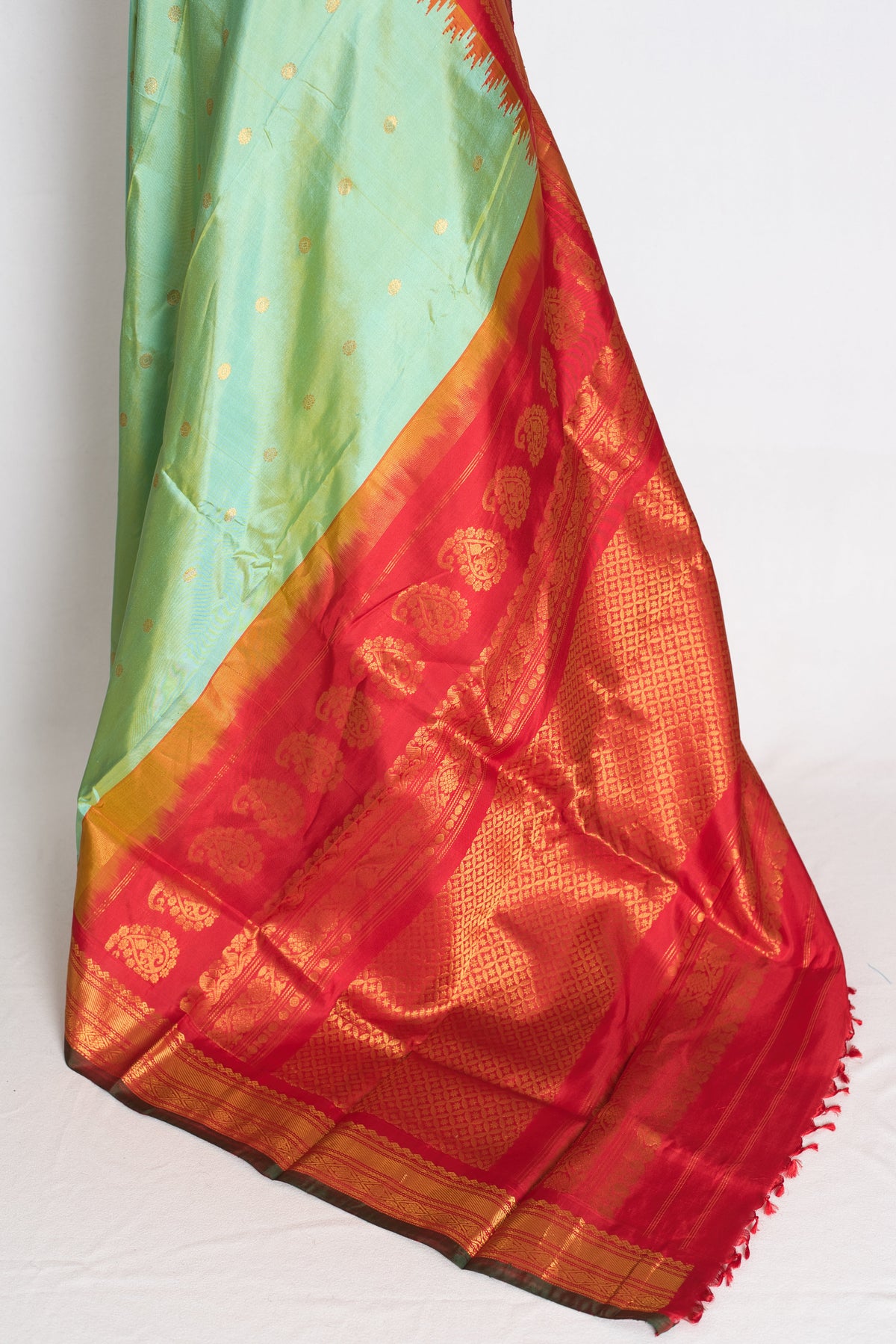 Girija : Sea Green and Red Handwoven Pure Gadwal Silk Saree