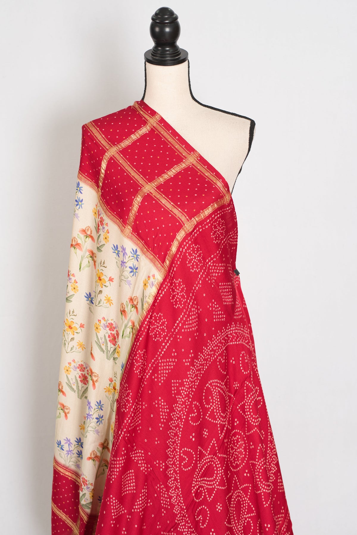 Mehuli | Cream & Rosy Red Modal Silk Saree | Gharchola & Bandhani Print