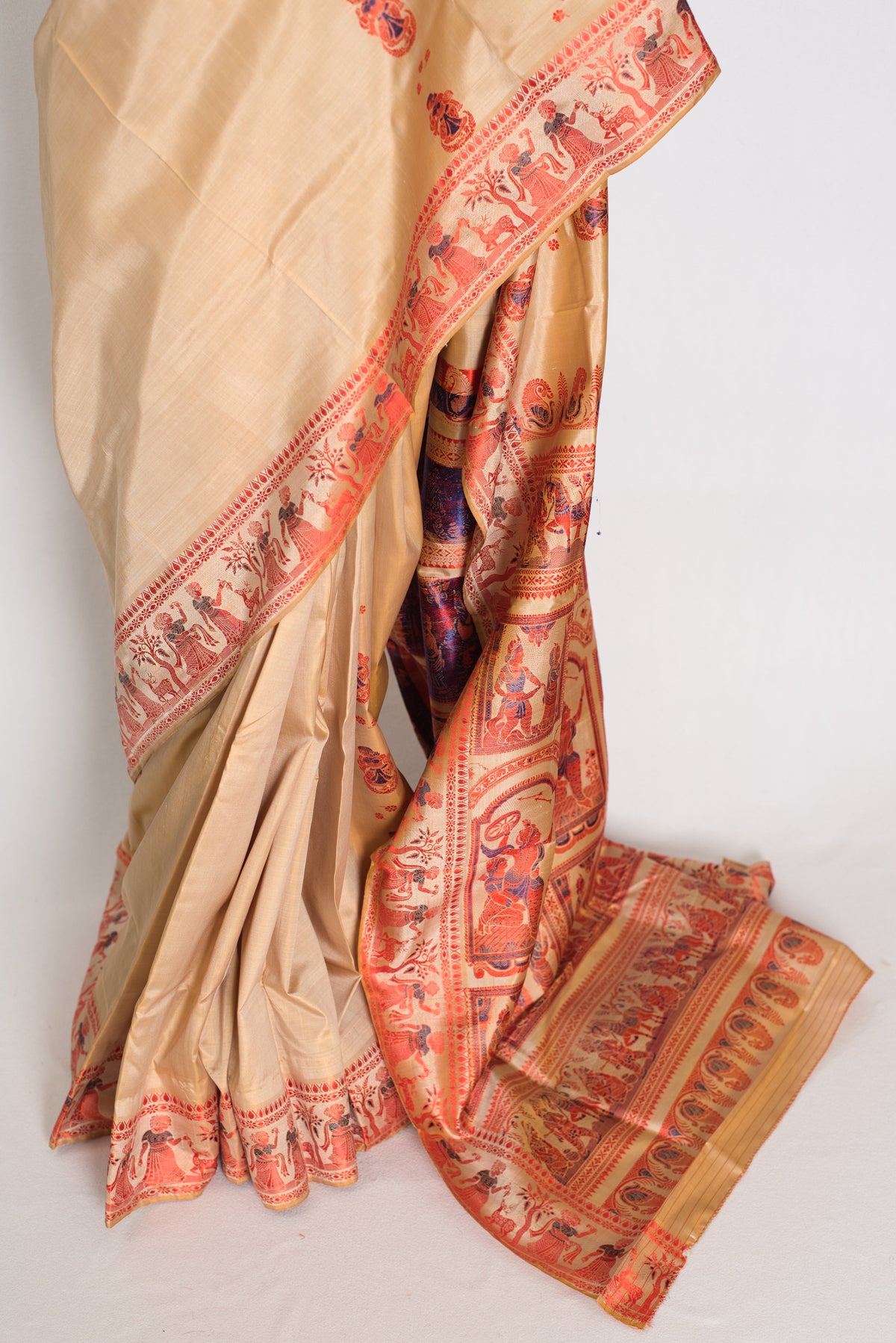 Bhromor | Beige & Orange Minakari Handwoven Baluchari Saree | 36 Size Blouse