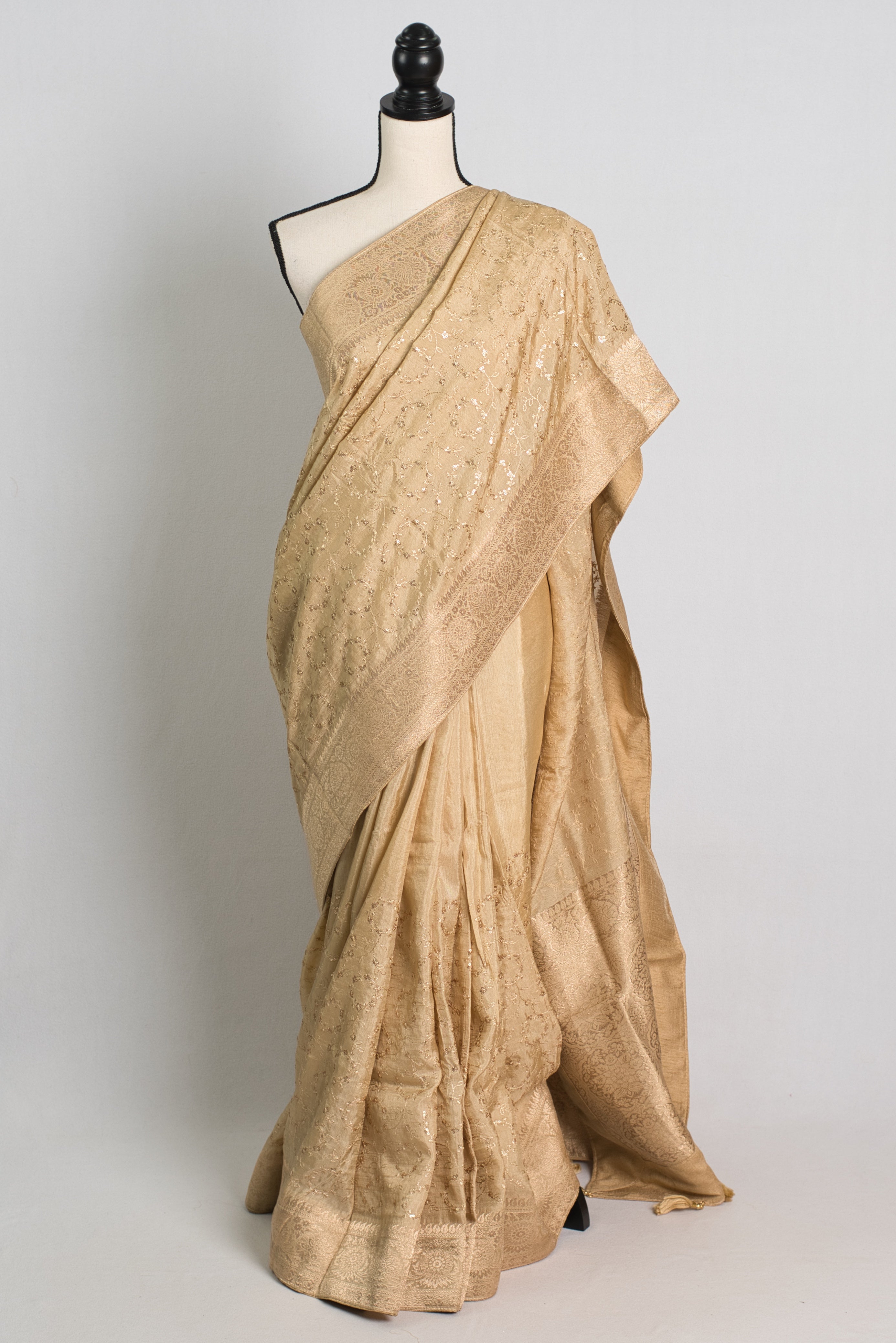 Beige and Gold Embroidery Dola Silk Cocktail Saree